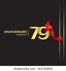 79 year anniversary logo template on black background. golden numbers with red ribbon vector