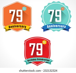 79 year birthday celebration flat color vintage label badge, 79th anniversary decorative emblem - vector illustration eps10