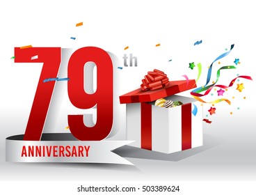 79 years anniversary background with ribbon, confetti and gift on white. Poster or brochure template. Vector illustration.