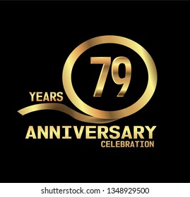 79 years Anniversary with golden font and circle with golden ribbon and black design. Simple design anniversary. golden font in center golden circle. Elegant design with simple model