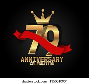 79 years Anniversary golden font with black background and red ribbon, and golden crown. Font with shadow and ribbon on top golden font. crown on the text. simple, luxury, and elegant design