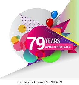 79 Years Anniversary logo with balloon and colorful geometric background, vector design template elements for your birthday celebration.