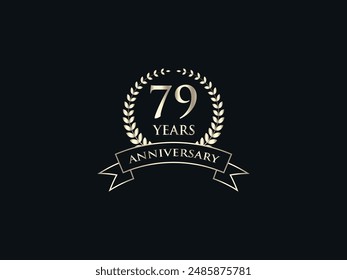 79 Years Anniversary Logo. Celebrating Success. Symbol of Eternal Achievement. Proud Heritage. Logo with Laurel Wreath and Ribbon. Years of Glorious Memories. Jubilee of Joy. Golden Celebratory Crest.