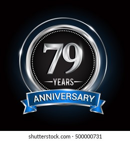 79 years anniversary logo with silver ring and blue ribbon, Vector design.