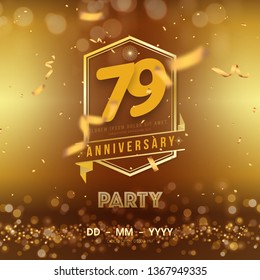 79 years anniversary logo template on gold background. 79th celebrating golden numbers with ribbon and confetti isolated design elements.