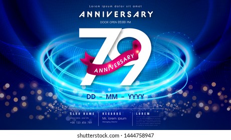 79 years anniversary logo template on dark blue Abstract futuristic space background. 79th modern technology design celebrating numbers with Hi-tech network digital technology concept design elements.