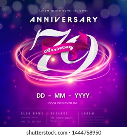79 years anniversary logo template on purple Abstract futuristic space background. 79th modern technology design celebrating numbers with Hi-tech network digital technology concept design elements.