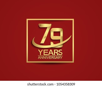 79 years anniversary with square and swoosh golden color isolated on red background for celebration