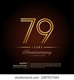 79 años de aniversario, diseño de plantilla de aniversario con número de línea doble y texto dorado para celebración de cumpleaños, invitación, afiche de banner, volante y tarjeta de saludo, plantilla de vector