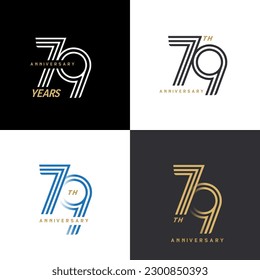 79 years anniversary vector number icon, birthday logo label, black, white and colors with stripe number