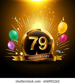 79 years golden anniversary logo celebration with ring, ribbon, firework, and balloon