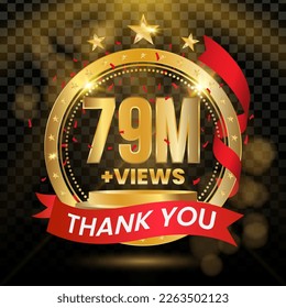 79M+ Views Logotype with Gold and red Confetti Isolated on Black Background(PNG), Vector design for video display celebration.