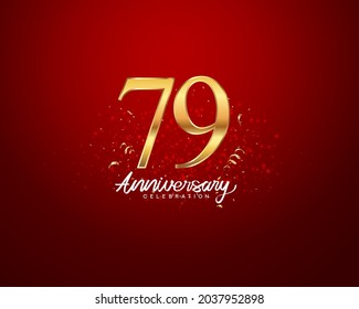 79th anniversary background with 3D number illustration golden numbers and Anniversary Celebration text with golden confetti on red background.