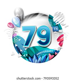 79th anniversary background with balloon and confetti on white. 3D paper style illustration. Poster or brochure template. Vector illustration.