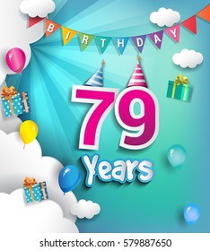 79th Anniversary Celebration Design, with clouds and balloons. using Paper Art Design Style, Vector template elements for your, seventy nine years birthday celebration party