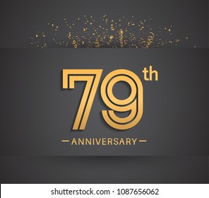 79th anniversary design for company celebration event with golden multiple line and confetti isolated on dark background 