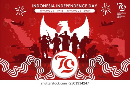 79th Anniversary of Indonesia 2024 vector Illustration with military power, dynamic red white background, Pancasila, indonesian map, 79 logo and company profile spots. Dirgahayu RI 2024