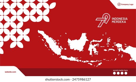 79th anniversary of Indonesia independence day with indonesian map and red batik background. Dirgahayu 79 tahun republik indonesia background. 17 Agustus 2024 banner. 