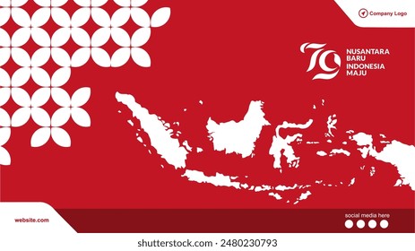 79th anniversary of Indonesia independence day with official logo, indonesian map and red batik background. Dirgahayu 79 tahun republik indonesia background. 17 Agustus 2024 banner. 