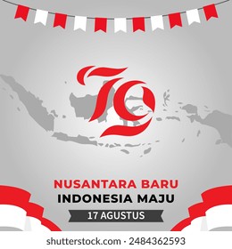 79th Anniversary of Indonesia Independence Day Background with Indonesian Map and Flags. Banner 17 Agustus. Vector Illustration