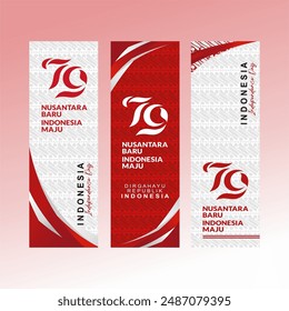 79th Anniversary of Indonesia Independence Day 2024 Vertical Banner Set with Beautiful Rdd White Gradient and Batik Background. Dirgahayu Indonesia means Long Live Indonesia. Dirgahayu Indonesia 79 