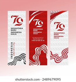 79th Anniversary of Indonesia Independence Day 2024 Vertical Banner Set with Logo, River Graphic Element and Beautiful Batik Pattern. Red White Indonesian Banner. Vector Illustration