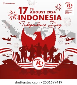 79th Anniversary of Indonesia Independence Day 2024 Greeting, Vector, Banner, Poster, Template. Design with Indonesia military power Illustration. Dirgahayu RI 79th 2024