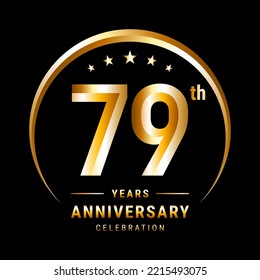 79th Anniversary, Logo design for anniversary celebration with gold ring isolated on black background, vector illustration