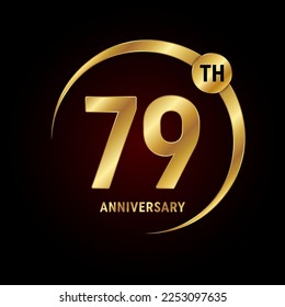 79° aniversario. Concepto de diseño del logo del aniversario con anillo de oro para celebración del aniversario, tarjeta de invitación, tarjeta de saludo, banner, afiche, volante, portada del libro. Plantilla de vectores de logotipos