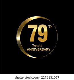 79th Anniversary logo design with golden number and text for anniversary celebration event, invitation, wedding, greeting card, banner, poster, flyer, brochure, book cover. Logo Vector Template.