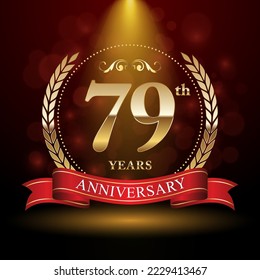 79th Anniversary. Anniversary logo design with Laurel wreath and red ribbon for celebration event, wedding, invitation, greeting card. Vector illustration