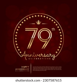 Logo del 79º aniversario con número de línea doble y texto dorado para celebración de cumpleaños, invitación, afiche de pancartas, volante y tarjeta de saludo, plantilla de vector