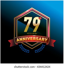79th anniversary logo with gold ring and red ribbon. Anniversary signs illustration. Gold anniversary logo design and illustration