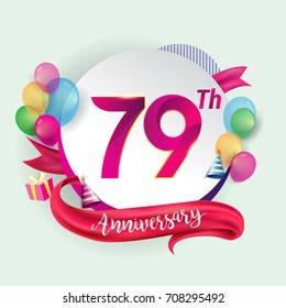 79th Anniversary logo with ribbon, balloon, and gift box isolated on circle object and colorful background