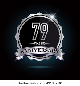 79th anniversary logo with ribbon and silver shiny badge, vector design for birthday celebration