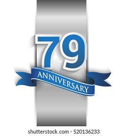79th anniversary logo with silver label and blue ribbon, Vector design template elements for your birthday party.