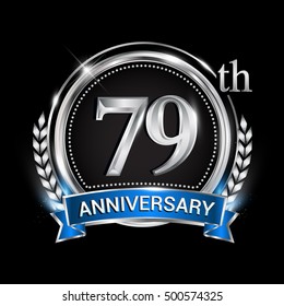 79th anniversary logo with silver ring combination blue ribbon. Vector template for birthday celebration, party, wedding, invitation and greeting card