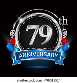 79th anniversary logo with silver ring,balloons and blue ribbon. Vector design template elements for your birthday celebration.