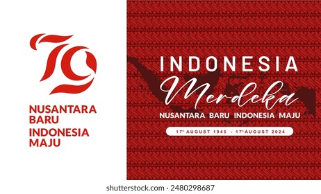 79th Anniversary of Republic of Indonesia Independence day background with red white batik pattern, indonesian map and official logo. Dirgahayu 79 RI Background. HUT RI 79 2024. Vector Illustration