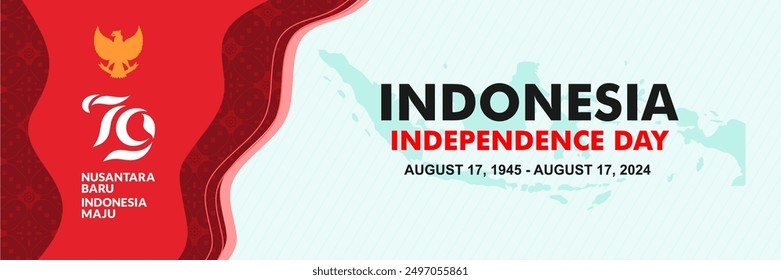 79th Anniversary of Republic of Indonesia Independence day background with red batik pattern, and silhouette of Garuda bird, indonesia map and official logo. Vector Illustration