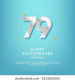 Plantilla vectorial de 79 años con un número dorado y confetti esparcidos en un fondo degradado