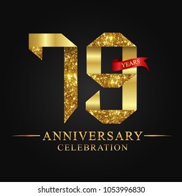 79th anniversary years celebration logotype. Logo ribbon gold number and red ribbon on black background. 