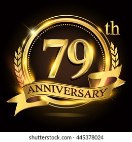 79th golden anniversary logo with ring and ribbon, laurel wreath vector design.