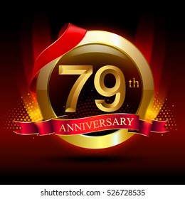 79th golden anniversary logo with ring and red ribbon. Vector design template elements for your birthday celebration.