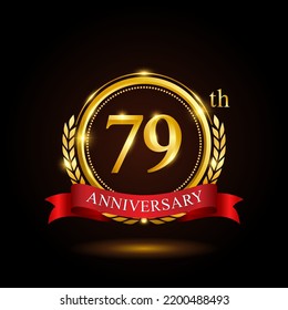 79th golden anniversary template design, with shiny ring and red ribbon, laurel wreath isolated on black background, logo vector