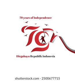 79º Feliz día de la independencia de Indonesia Vector de Indonesia. ¡Dirgahayu Indonesia! 79 Logotipo de la independencia con la bandera que agita, logotipo del número 79 con el Arte vectorial de los pájaros voladores