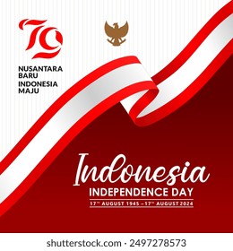 79th Independence day of Indonesia exclusive background with official logo, red and white ribbon. The logo forms the number 79, the translation of the motto New Archipelago Advanced Indonesia