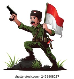 79th Indonesia Independence day icon with Indonesian hero wearing green army uniforms illustration 