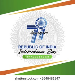 79th Republic of India Independence Day. 79th logo, tricolor India background and mandala pattern. Fit for Bhaarat Svatantrata Divas 2025 or India Independence Day banner, greeting, poster