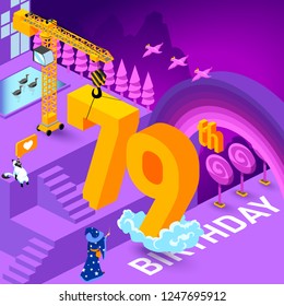 79th year Anniversary Celebration concept with characters. Flat isometric vector illustration